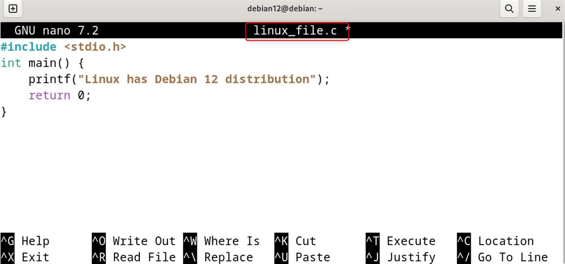 #include <stdio.h> <br>int main() { <br>printf("Linux has Debian 12 distribution"); <br>return 0; <br>}