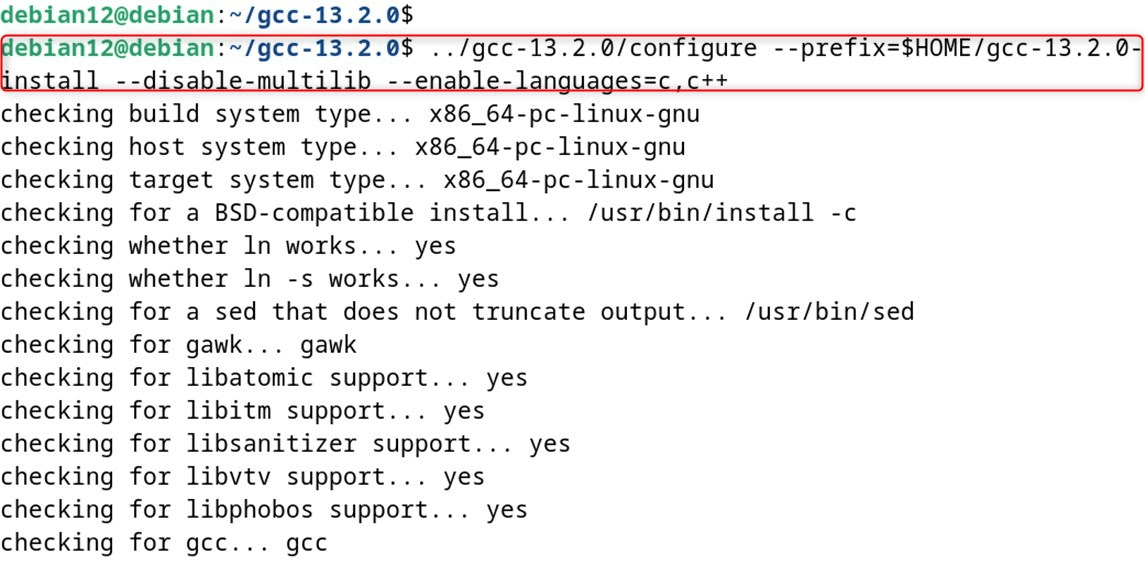 ../gcc-13.2.0/configure --prefix=$HOME/gcc-13.2.0-install --disable-multilib --enable-languages=c,c++