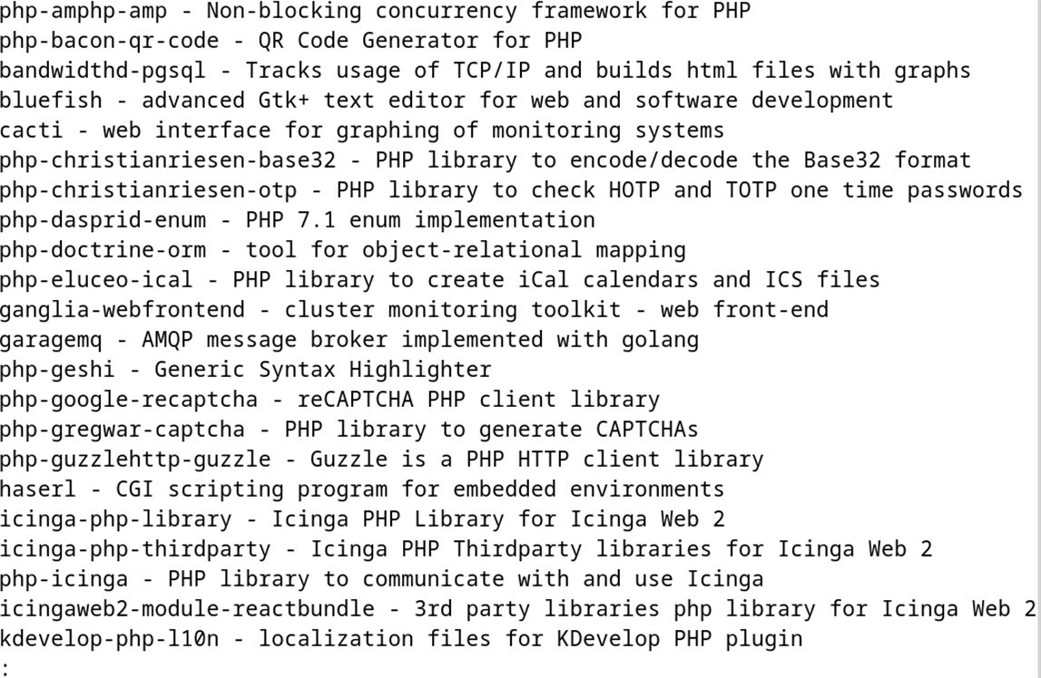 apt-cache search php- | less