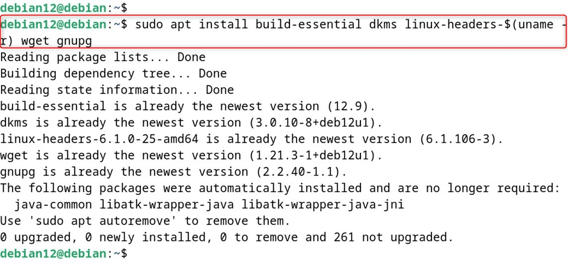 sudo apt install build-essential dkms linux-headers-$(uname -r) wget gnupg