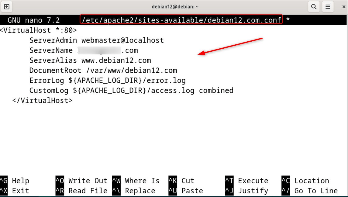 sudo nano /etc/apache2/sites-available/debian12.com.conf