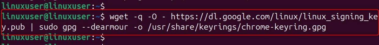 wget -q -O - https://dl.google.com/linux/linux_signing_key.pub | sudo gpg --dearmour -o /usr/share/keyrings/chrome-keyring.gpg