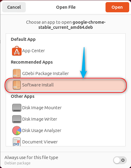 Open Chrome .deb file with software installer