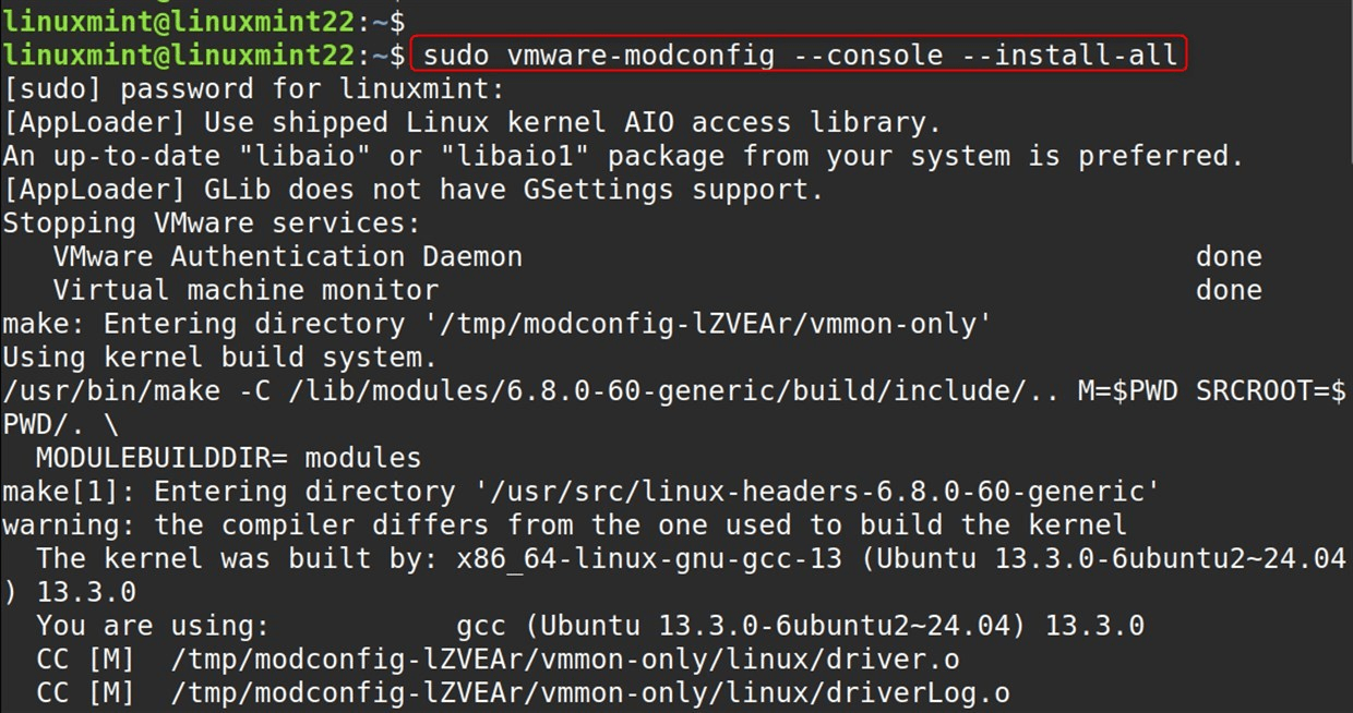 sudo vmware-modconfig --console --install-all