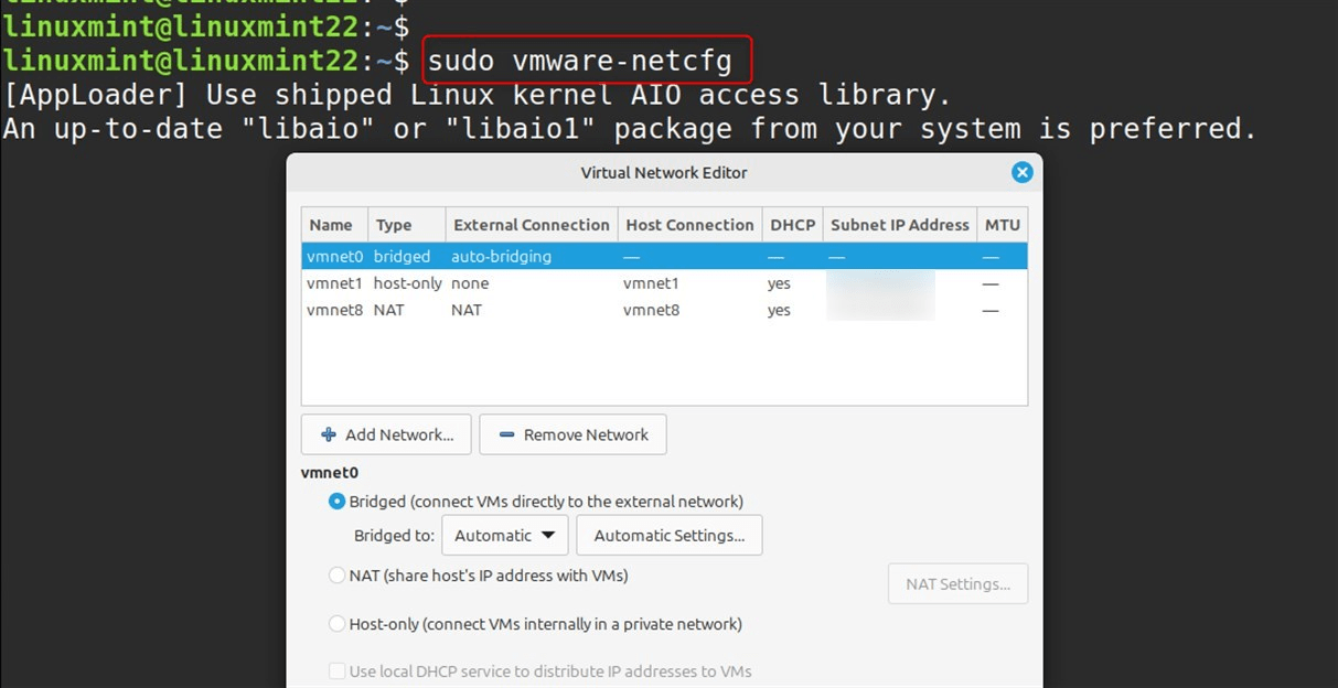 sudo vmware-netcfg