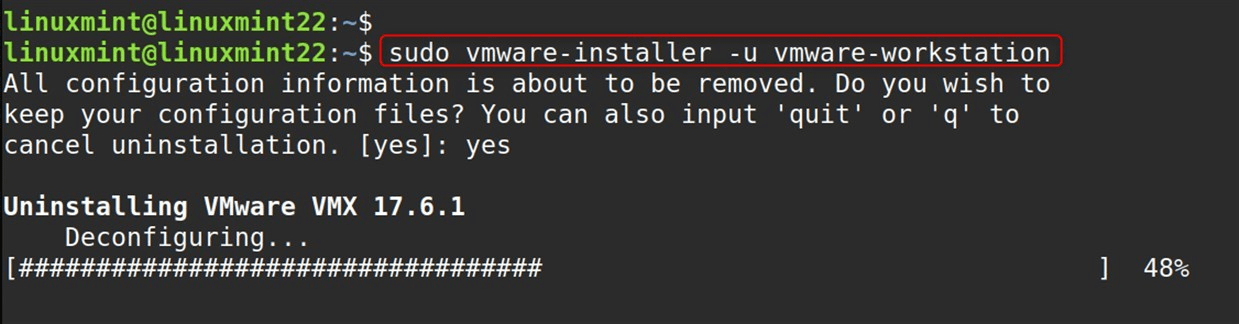 sudo vmware-installer -u vmware-workstation