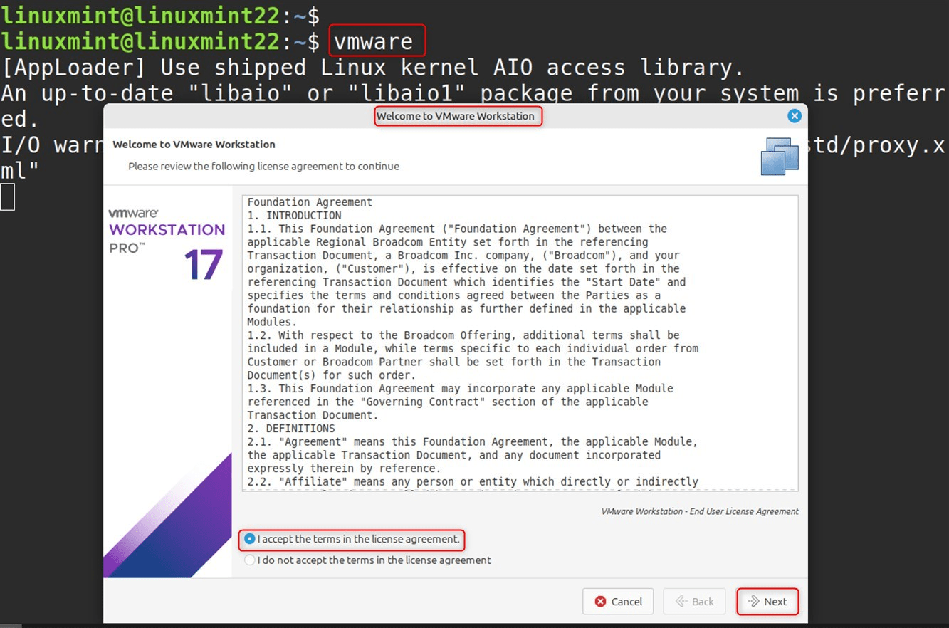 accept vmware license agreement