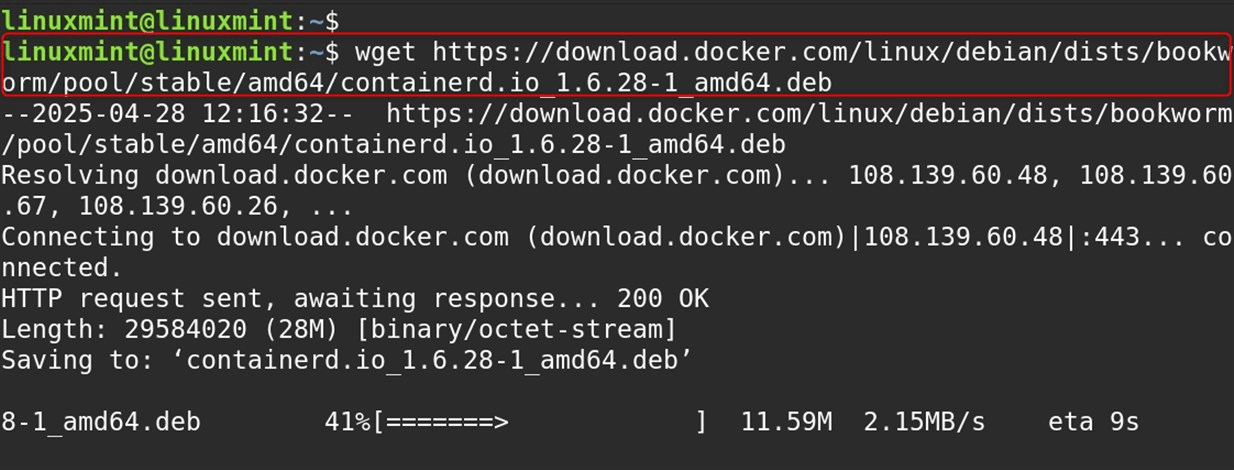 wget https://download.docker.com/linux/debian/dists/bookworm/pool/stable/amd64/containerd.io_1.6.28-1_amd64.deb