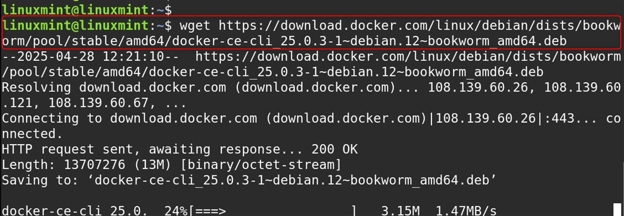 wget https://download.docker.com/linux/debian/dists/bookworm/pool/stable/amd64/docker-ce-cli_25.0.3-1~debian.12~bookworm_amd64.deb