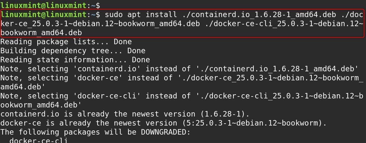 sudo apt install ./containerd.io_1.6.28-1_amd64.deb ./docker-ce_25.0.3-1~debian.12~bookworm_amd64.deb ./docker-ce-cli_25.0.3-1~debian.12~bookworm_amd64.deb