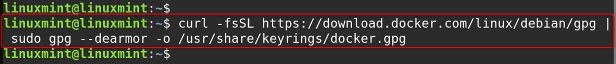 curl -fsSL https://download.docker.com/linux/debian/gpg | sudo gpg --dearmor -o /usr/share/keyrings/docker.gpg