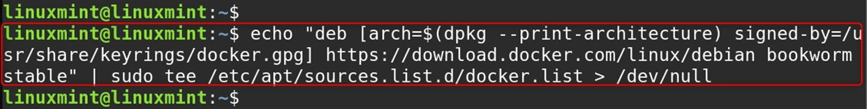 echo "deb [arch=$(dpkg --print-architecture) signed-by=/usr/share/keyrings/docker.gpg] https://download.docker.com/linux/debian bookworm stable" | sudo tee /etc/apt/sources.list.d/docker.list > /dev/null