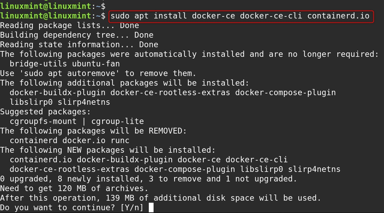 sudo apt install docker-ce docker-ce-cli containerd.io