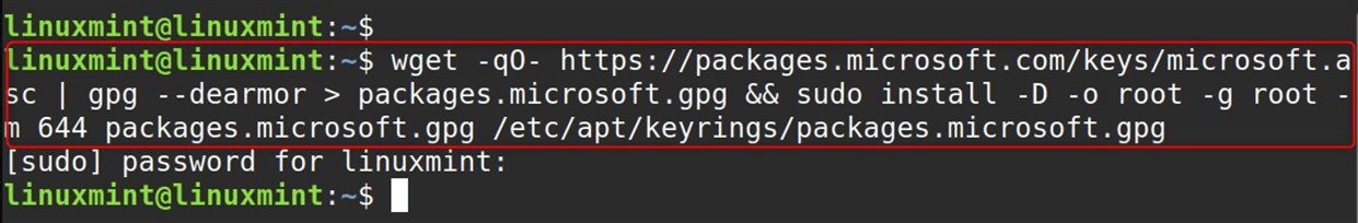 wget -qO- https://packages.microsoft.com/keys/microsoft.asc | gpg --dearmor > packages.microsoft.gpg && sudo install -D -o root -g root -m 644 packages.microsoft.gpg /etc/apt/keyrings/packages.microsoft.gpg