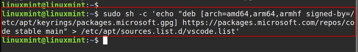 sudo sh -c 'echo "deb [arch=amd64,arm64,armhf signed-by=/etc/apt/keyrings/packages.microsoft.gpg] https://packages.microsoft.com/repos/code stable main" > /etc/apt/sources.list.d/vscode.list'