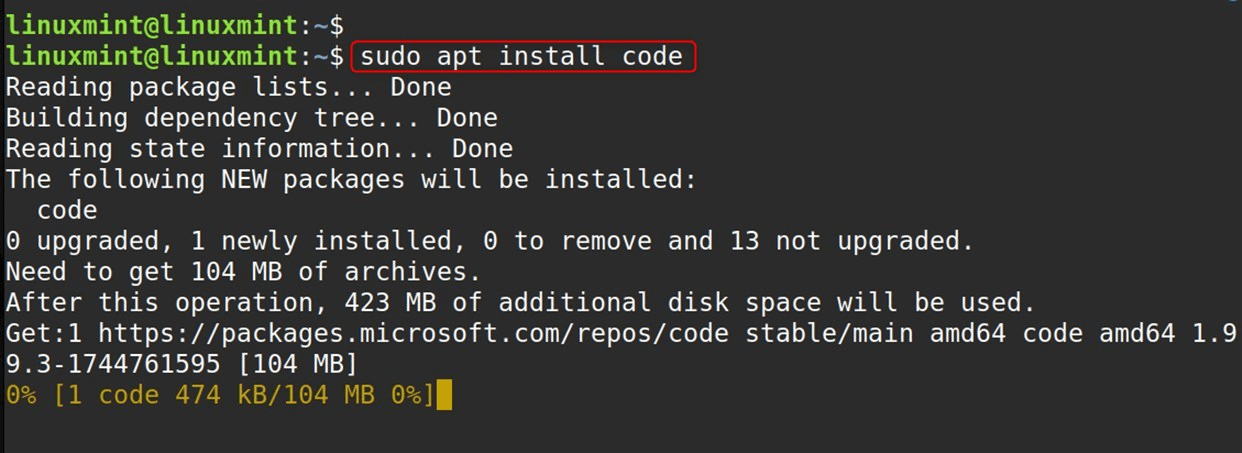 sudo apt install code