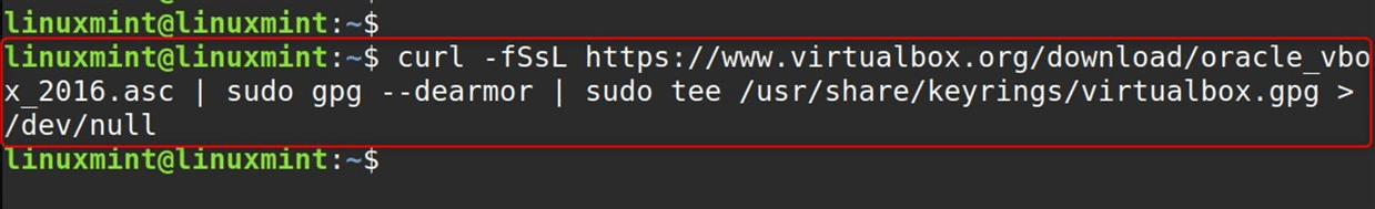 curl -fSsL https://www.virtualbox.org/download/oracle_vbox_2016.asc | sudo gpg --dearmor | sudo tee /usr/share/keyrings/virtualbox.gpg > /dev/null