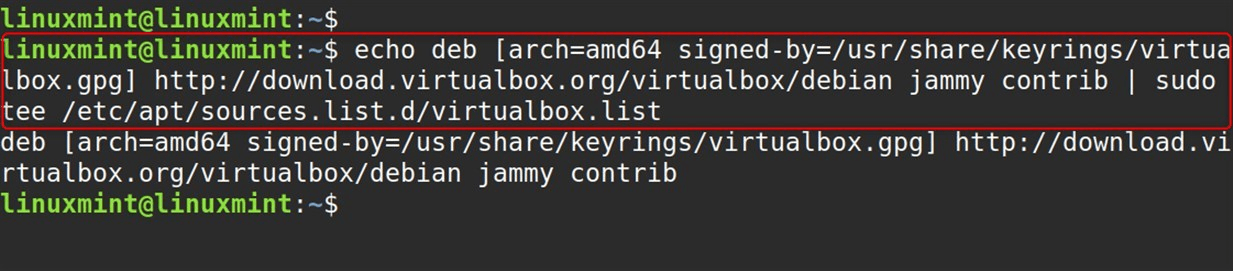 echo deb [arch=amd64 signed-by=/usr/share/keyrings/virtualbox.gpg] http://download.virtualbox.org/virtualbox/debian jammy contrib | sudo tee /etc/apt/sources.list.d/virtualbox.list