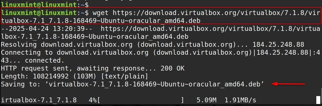 wget https://download.virtualbox.org/virtualbox/7.1.8/virtualbox-7.1_7.1.8-168469~Ubuntu~oracular_amd64.deb