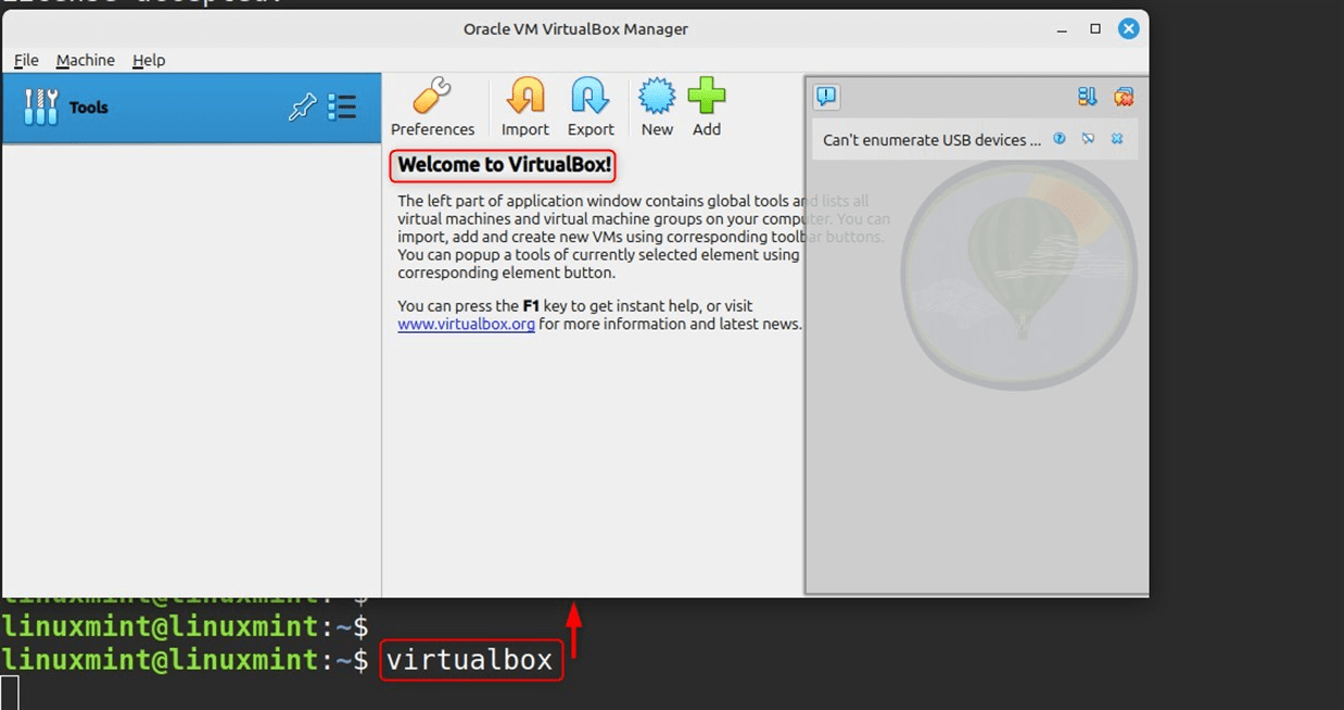 Launch virtualbox