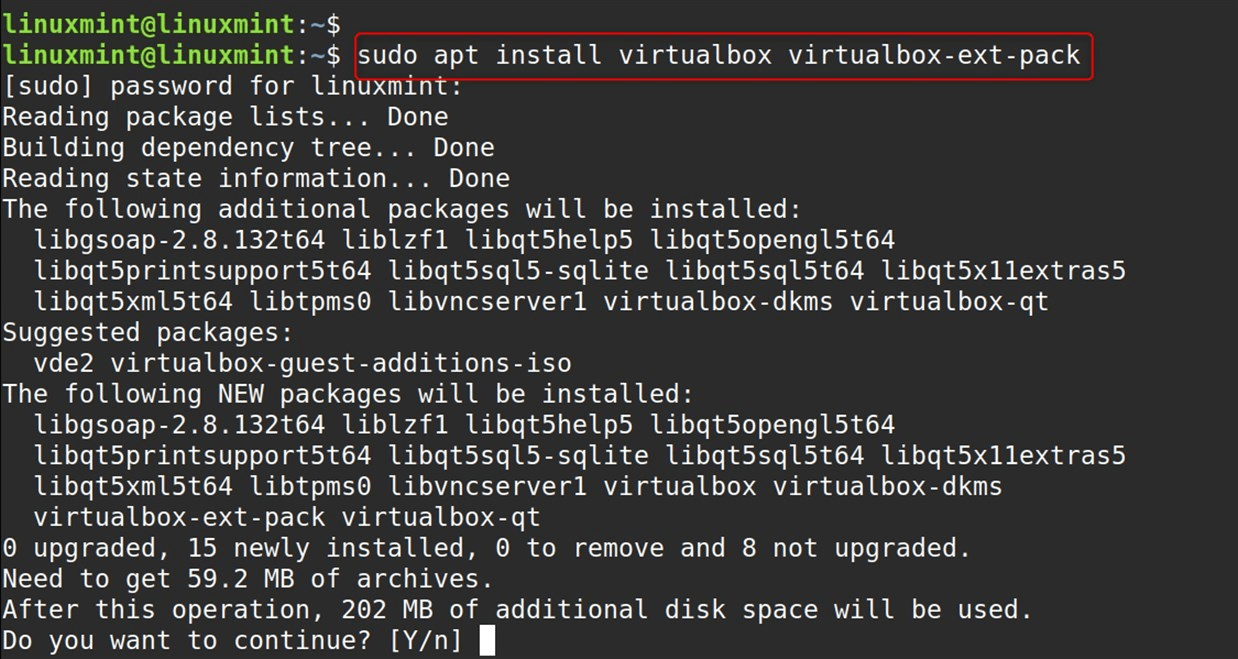sudo apt install virtualbox virtualbox-ext-pack