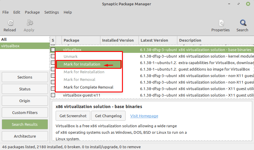 mark the virtualbox for installation