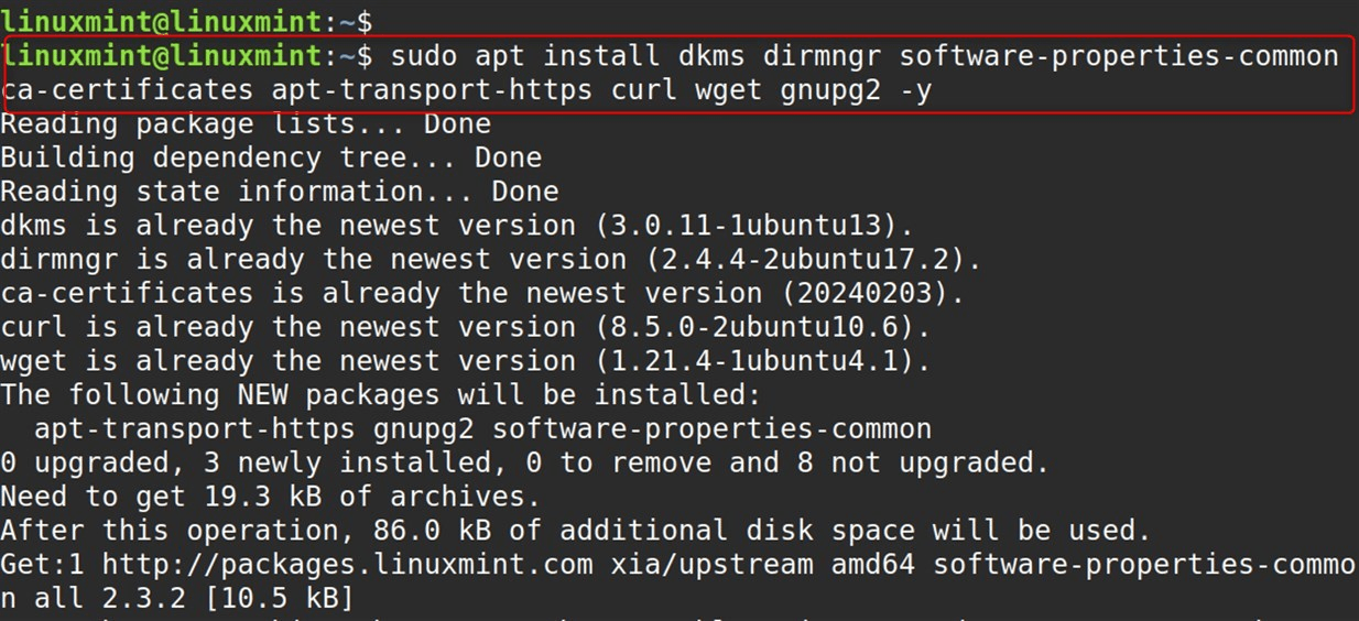 sudo apt install dkms dirmngr software-properties-common ca-certificates apt-transport-https curl wget gnupg2 -y