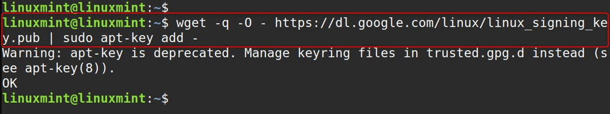 wget -q -O - https://dl.google.com/linux/linux_signing_key.pub | sudo apt-key add -