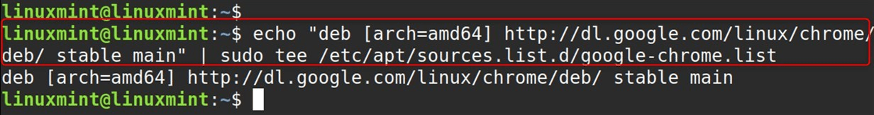 echo "deb [arch=amd64] http://dl.google.com/linux/chrome/deb/ stable main" | sudo tee /etc/apt/sources.list.d/google-chrome.list