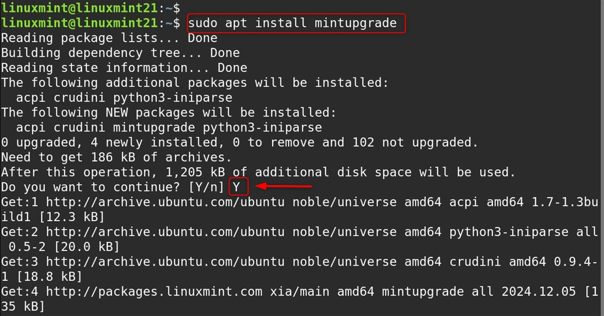 sudo apt install mintupgrade
