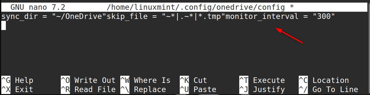 sync_dir = "~/OneDrive"skip_file = "~*|.~*|*.tmp"monitor_interval = "300"