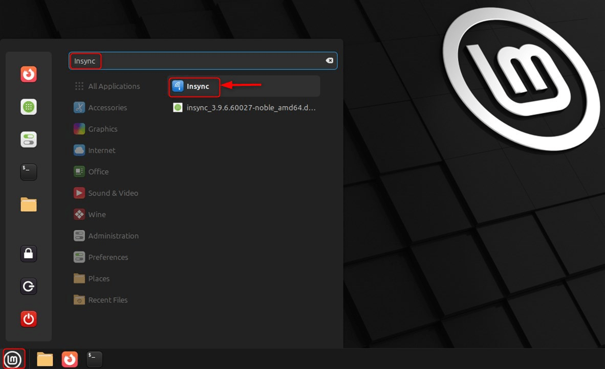 configure insync from the application menu