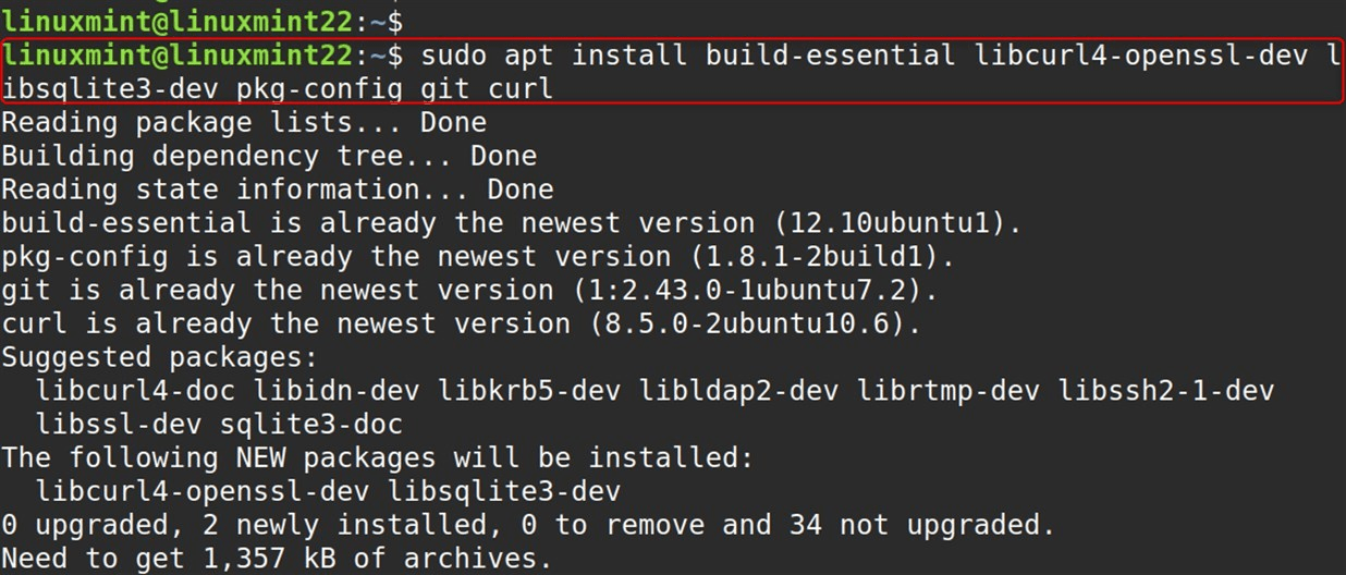 sudo apt install build-essential libcurl4-openssl-dev libsqlite3-dev pkg-config git curl