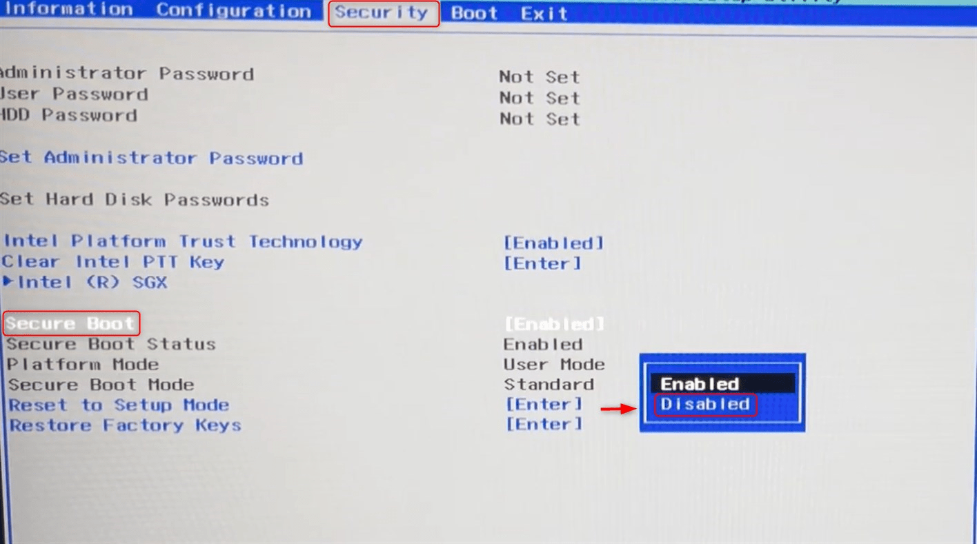 disable secure boot