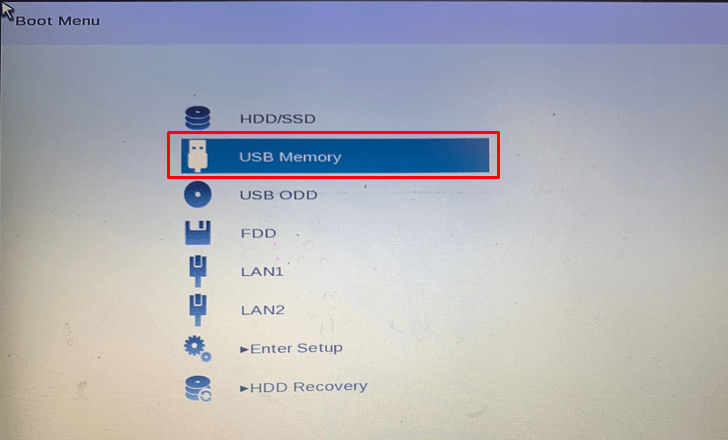 Choose USB memory from the boot menu