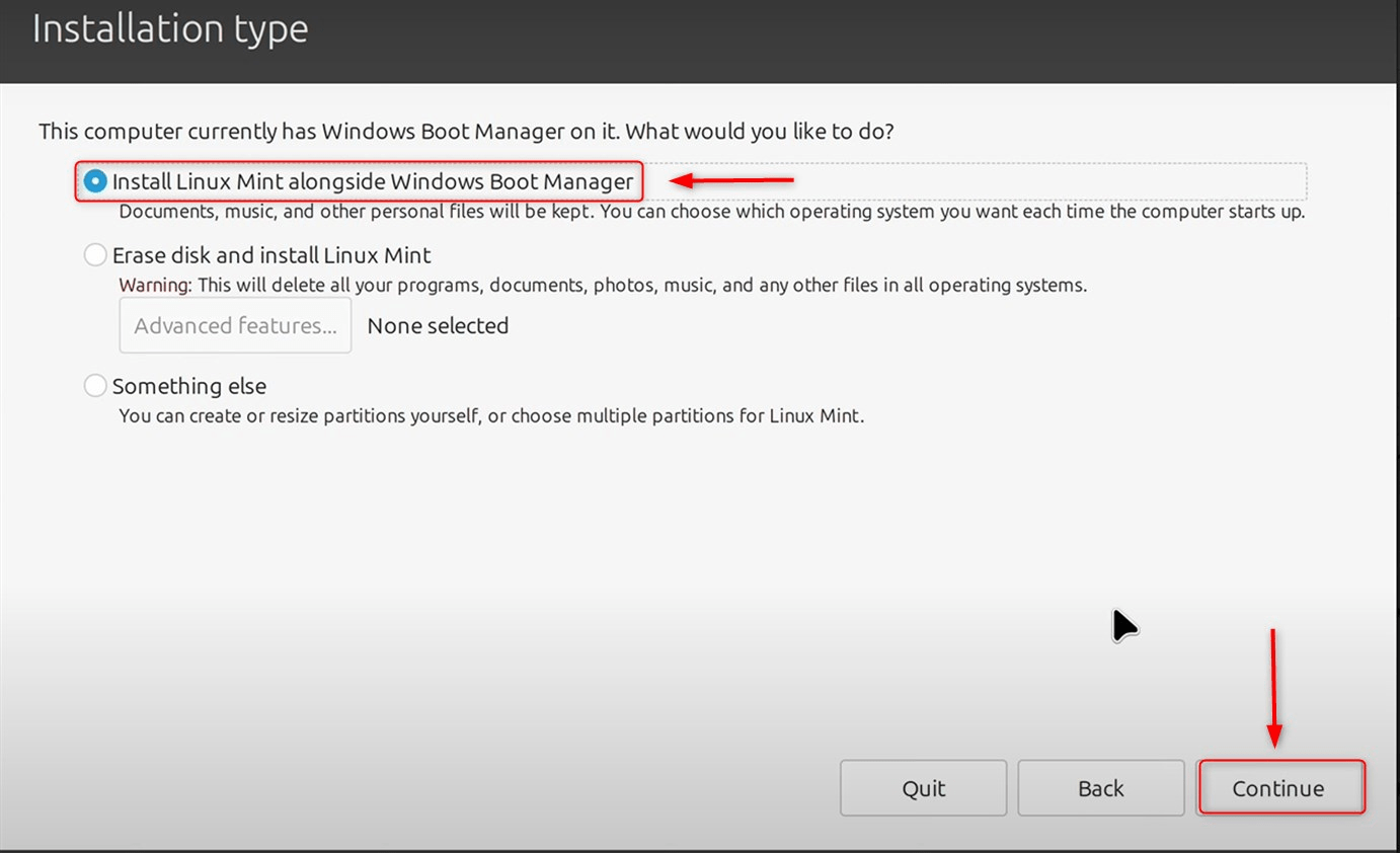 Choose install linux mint alongside windows boot manager