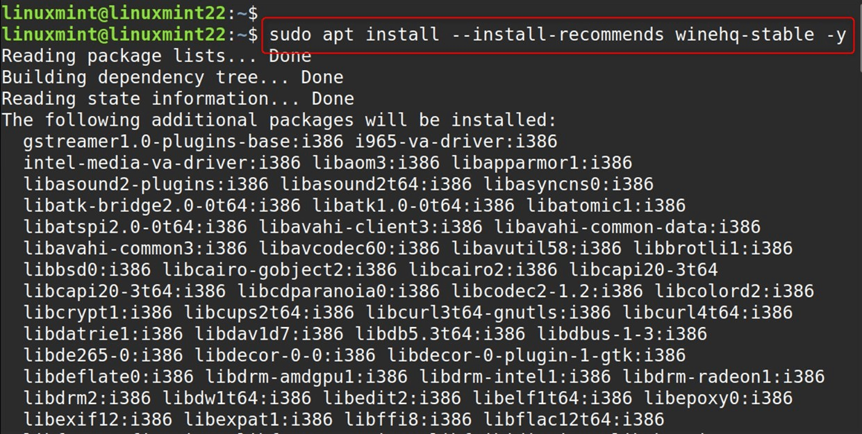 sudo apt install --install-recommends winehq-stable -y