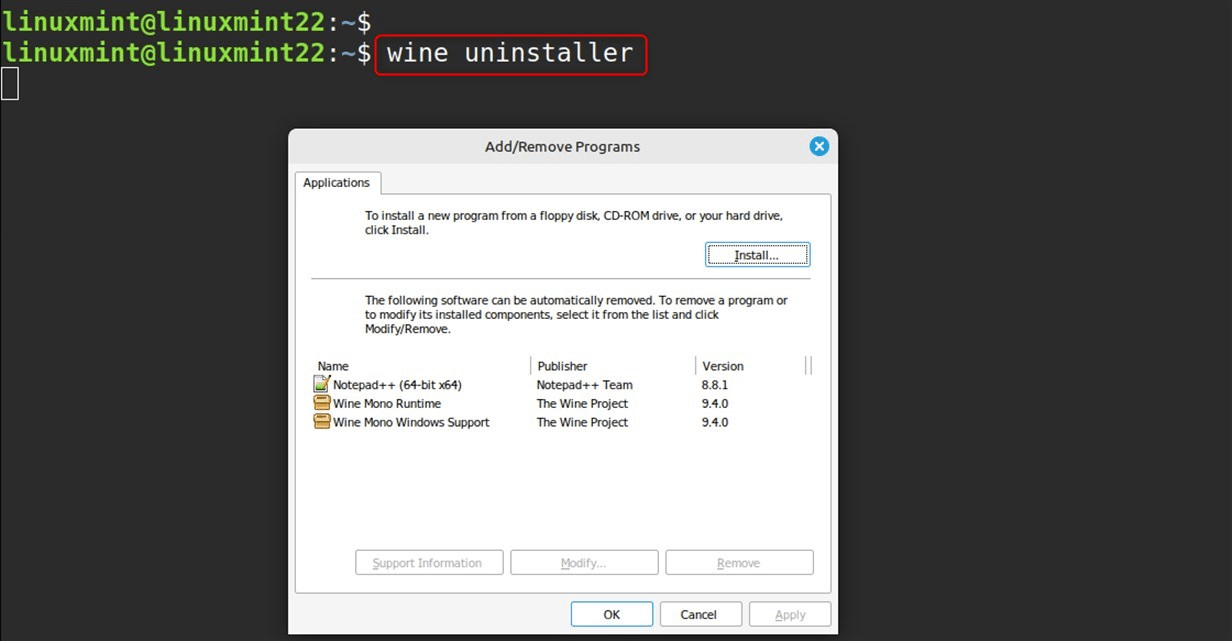 wine uninstaller