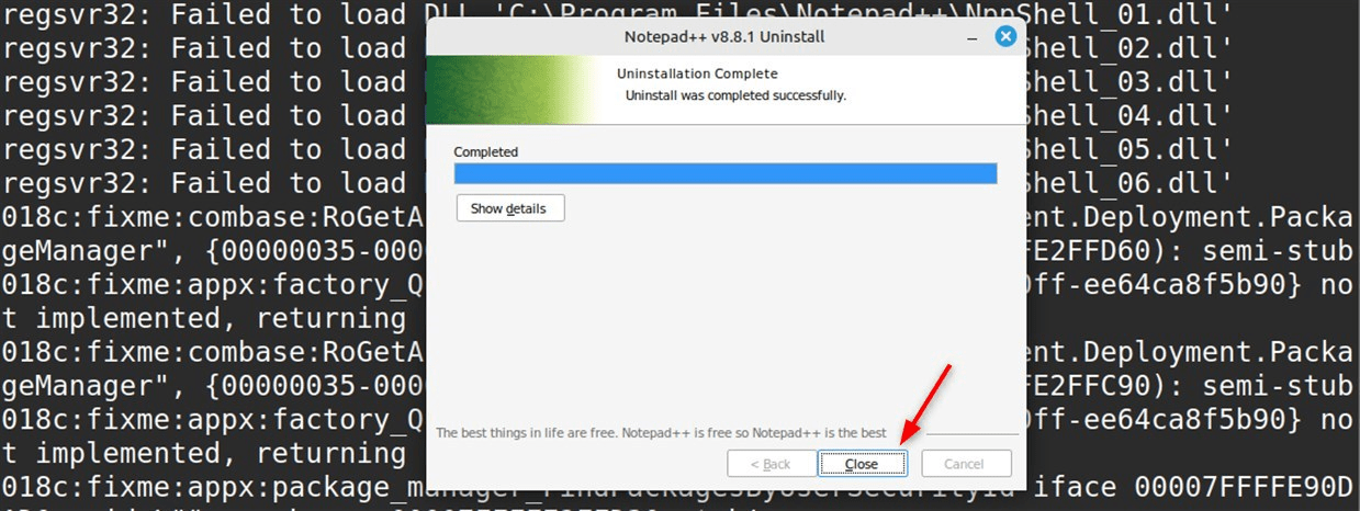 Click Close to finish the uninstallation