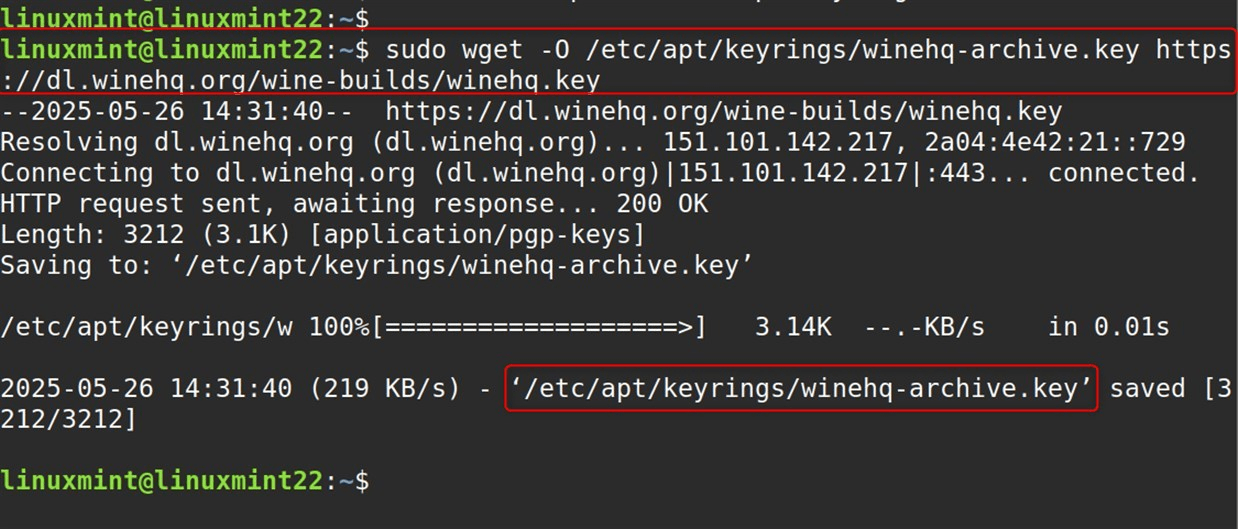 sudo wget -O /etc/apt/keyrings/winehq-archive.key https://dl.winehq.org/wine-builds/winehq.key