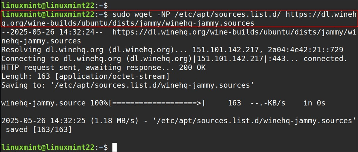 sudo wget -NP /etc/apt/sources.list.d/ https://dl.winehq.org/wine-builds/ubuntu/dists/jammy/winehq-jammy.sources