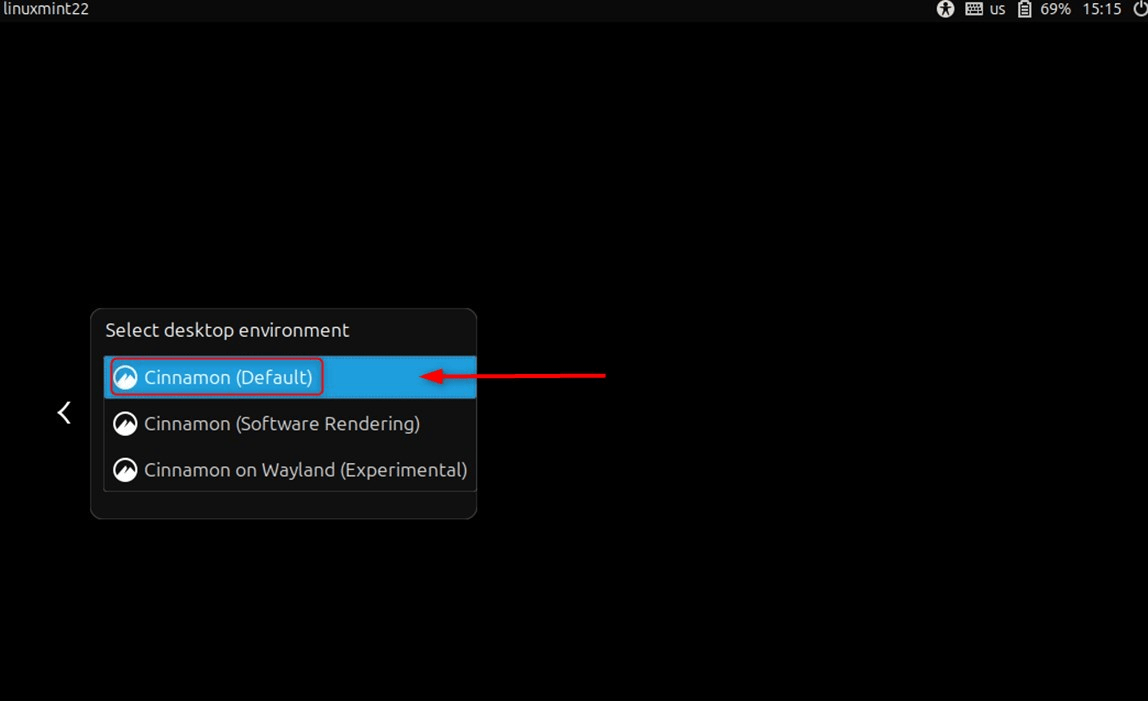 Choose Cinnamon desktop from startup screen