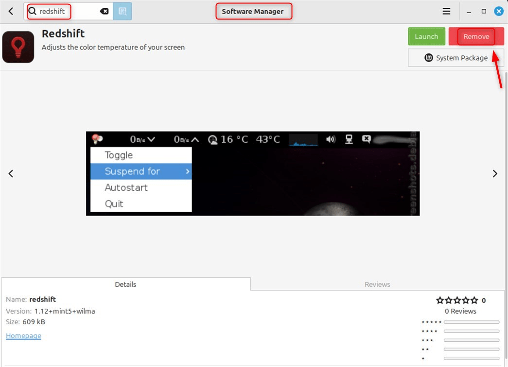 In software manager, search Redshit and then click Remove