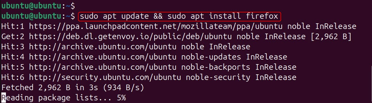 sudo apt update && sudo apt install firefox