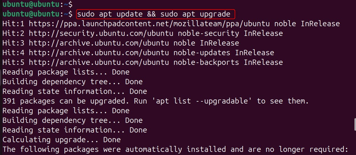   sudo apt update && sudo apt upgrade
