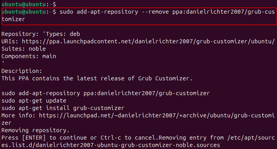 sudo add-apt-repository --remove ppa:danielrichter2007/grub-customizer