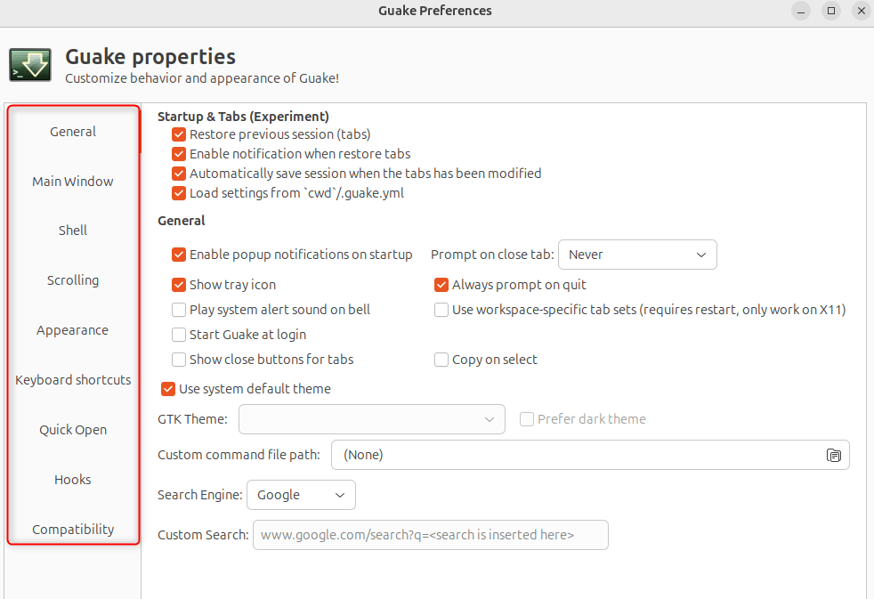 Guake preferences
