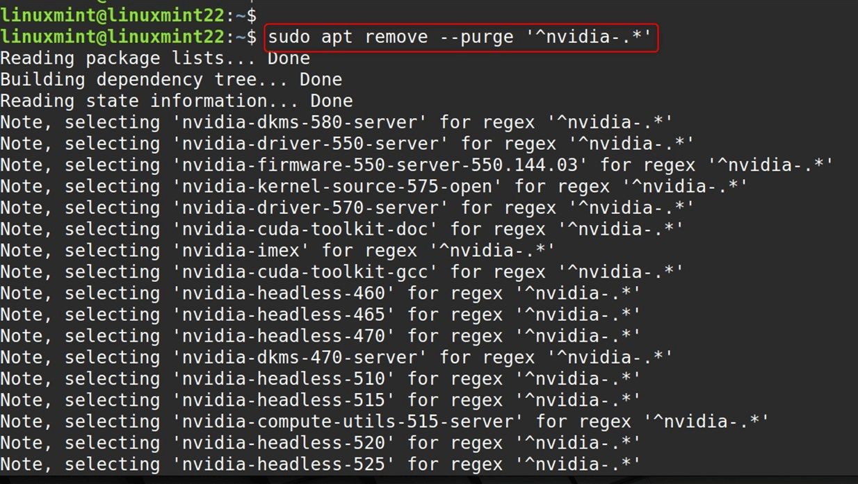 sudo apt remove --purge '^nvidia-.*' -y