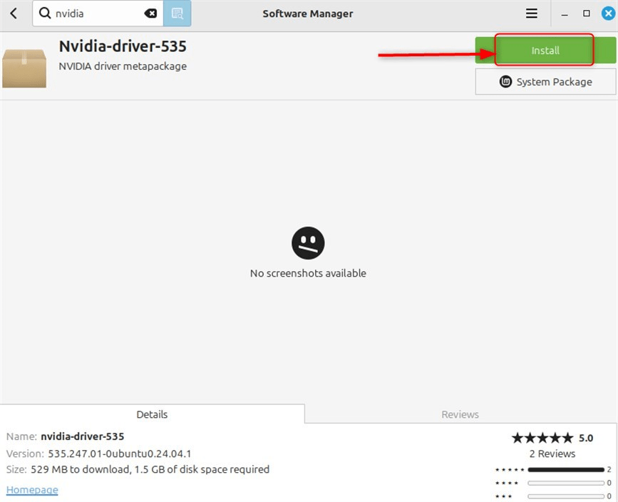 Click Install button to start Nvidia drivers installation