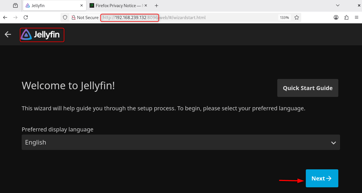 Jellyfin welcome page